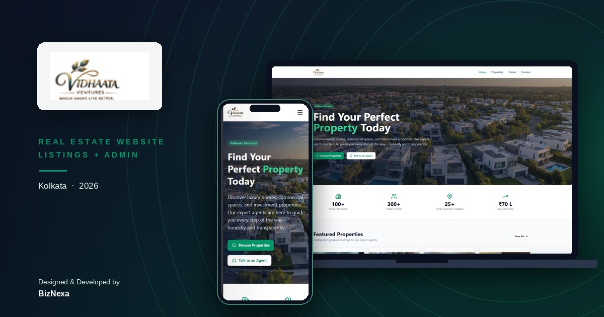 Vidhaata Ventures real estate website and listings CMS built by BizNexa, Kolkata